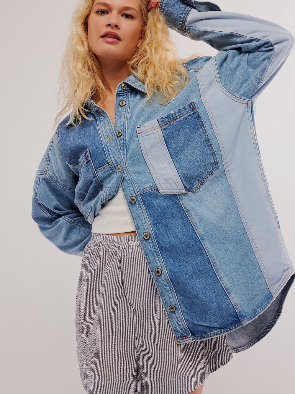 We The Free Patchwork Denim Jacket in Multi-Blue